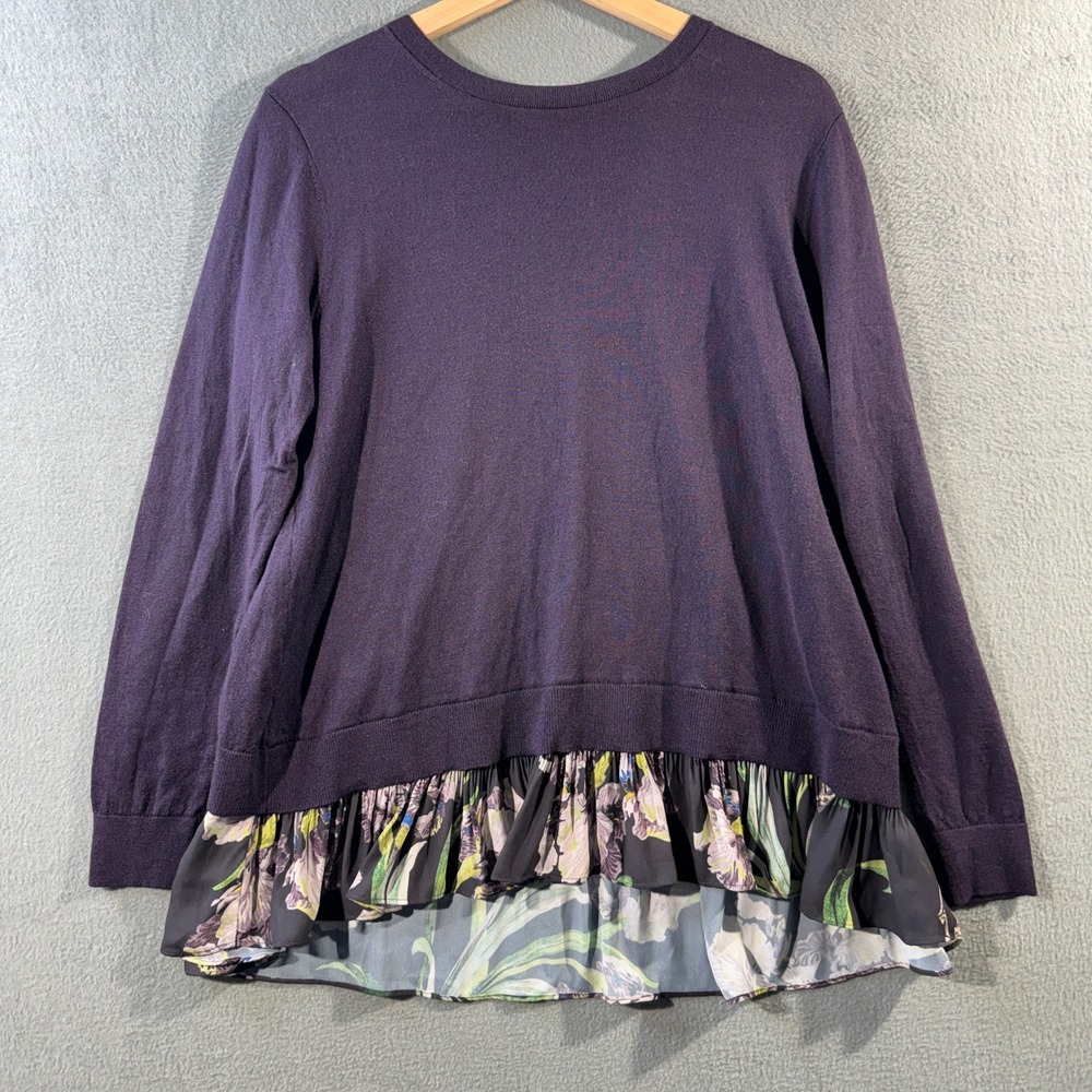 Club Monaco Purple 100% Wool Mixed Media Floral Ruffle Split Back Sweater‎ Large